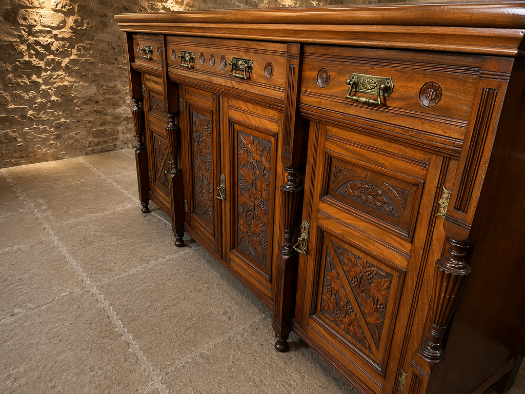 Late Victorian Carved Walnut Sideboard | Antique English Walnut Buffet Cabinet | 19th Century Country House Sideboard | Victorian Storage Cabinet