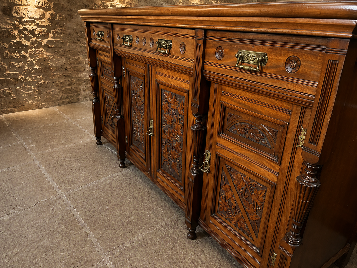 Late Victorian Carved Walnut Sideboard | Antique English Walnut Buffet Cabinet | 19th Century Country House Sideboard | Victorian Storage Cabinet