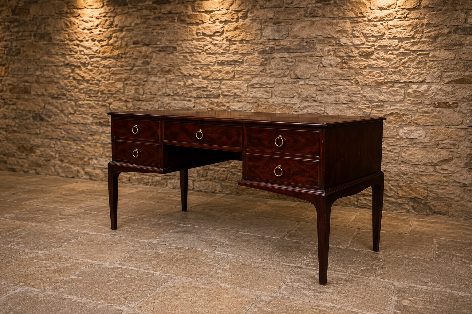 Traditional Burr Veneer Partner Style Office Desk | Executive Six Drawer Writing Desk