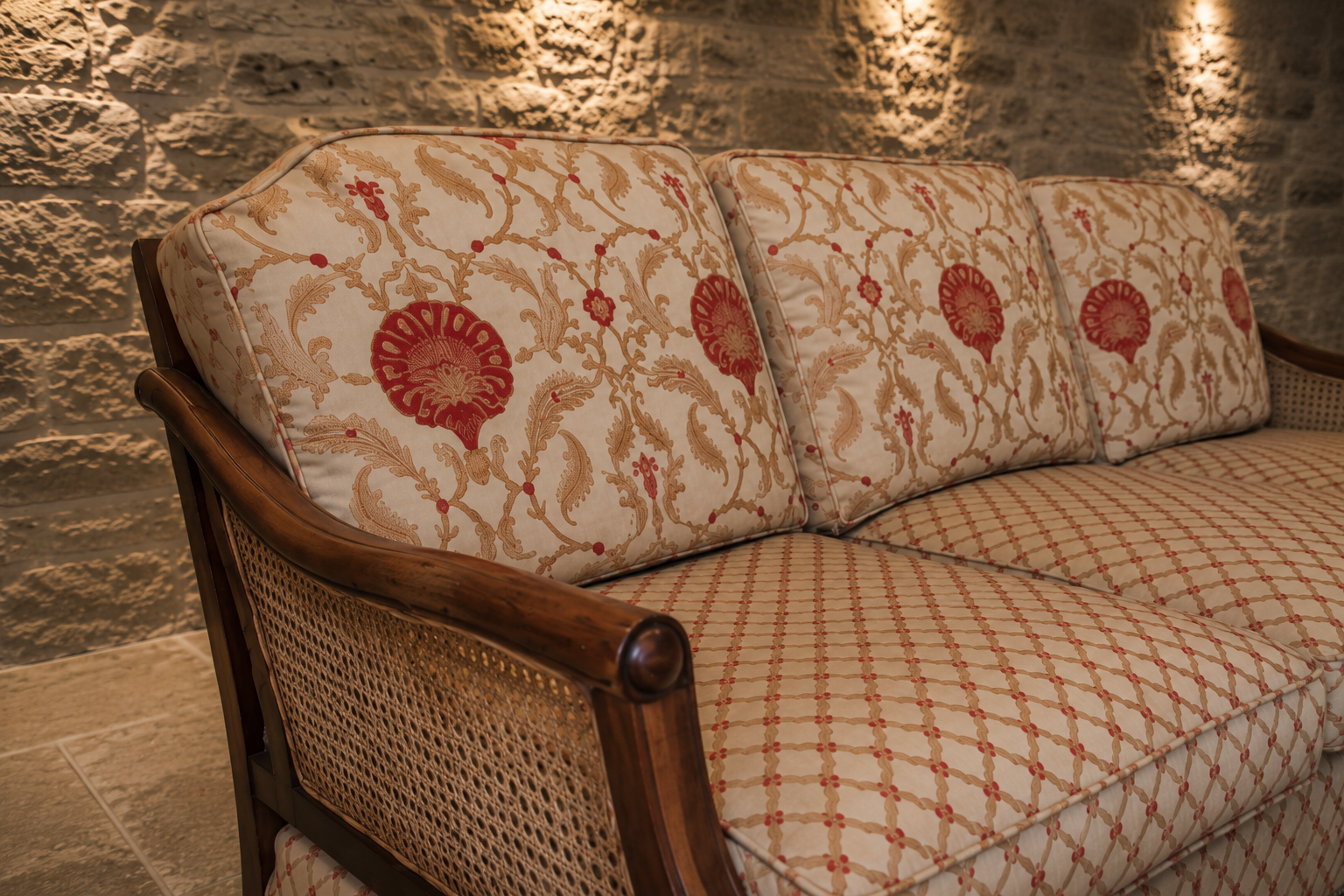 Edwardian Mahogany Bergère Three Seat Sofa | Antique Cane Back Upholstered Settee | English c.1905–1915