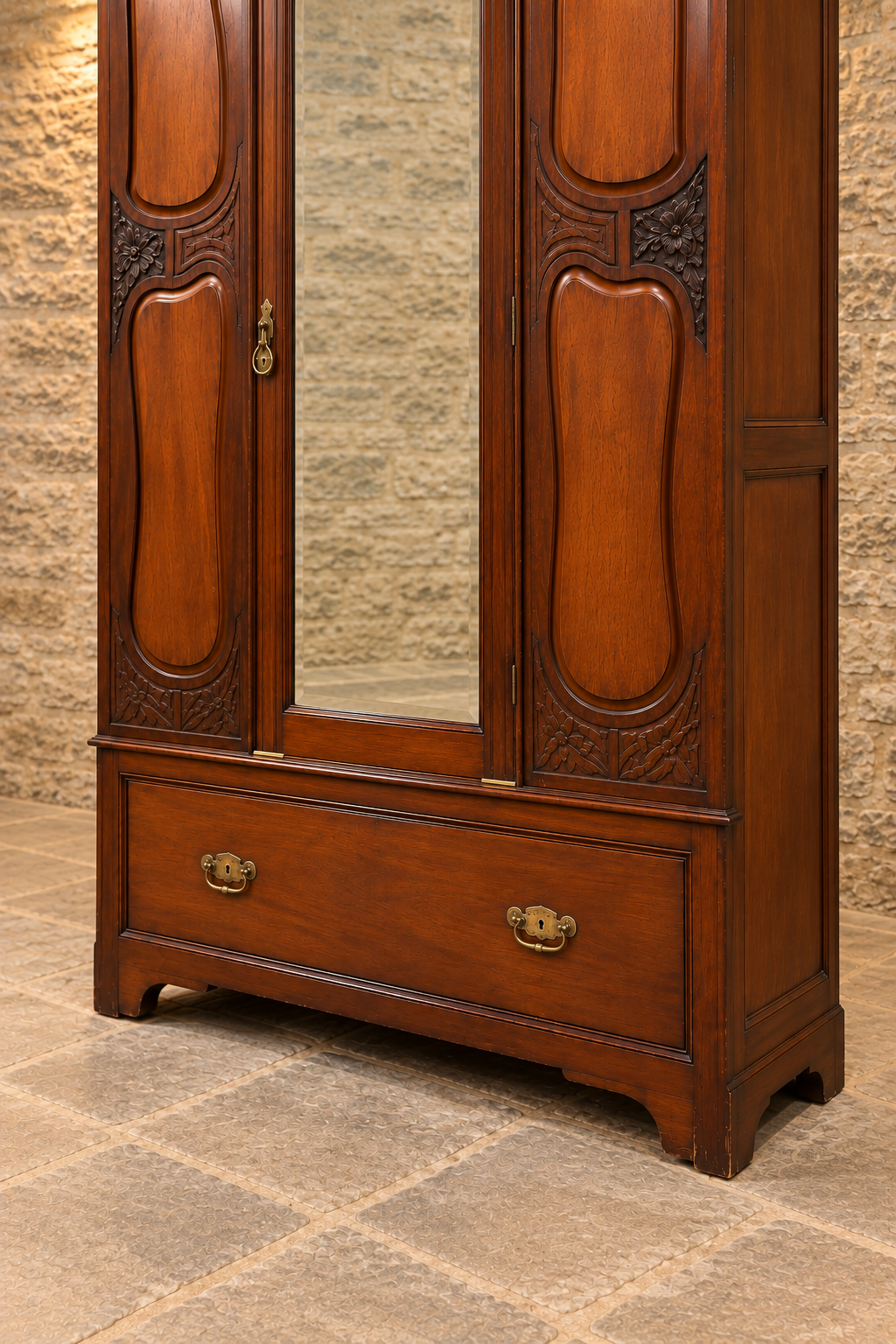 Edwardian carved mahogany mirrored wardrobe