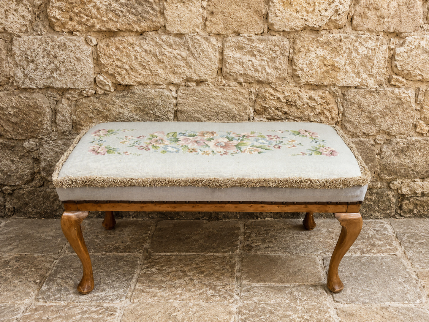Vintage Queen Anne Style Upholstered Bench | Floral Needlepoint Piano Stool | Cottage Bedroom Seat | Traditional Footstool