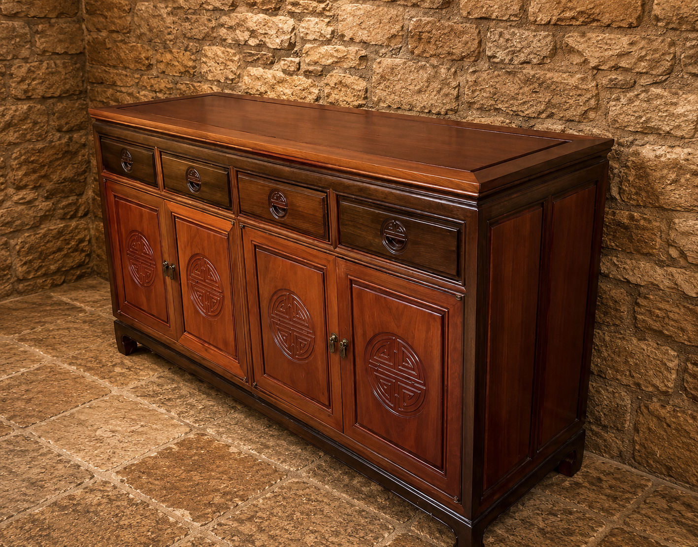 Large Chinese Style Hardwood Sideboard with Carved Oriental Detail