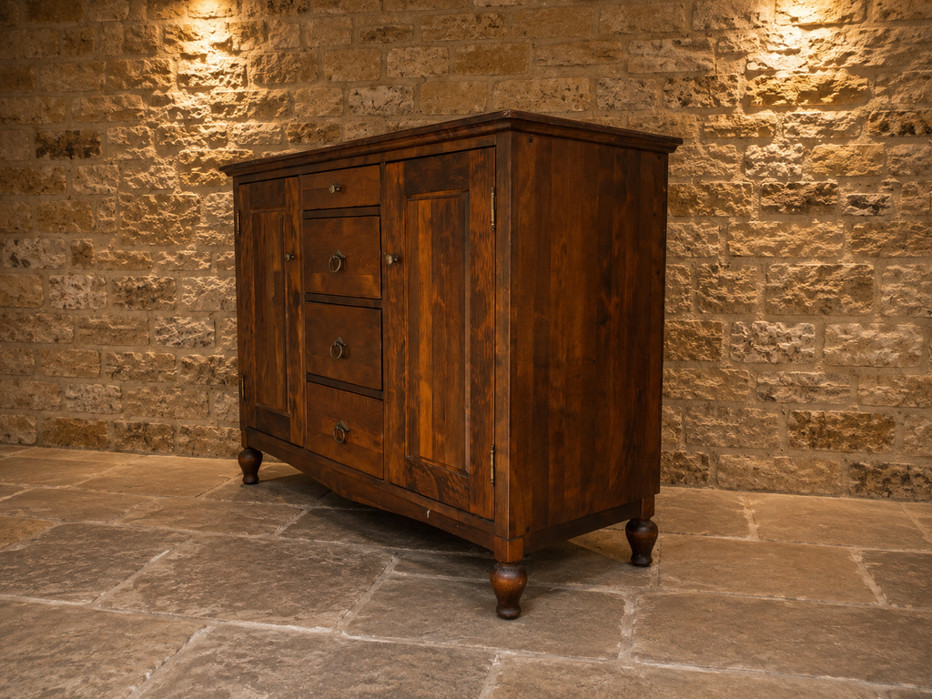 Vintage Rustic Hardwood Sideboard – Four Drawers & Double Cupboard Storage