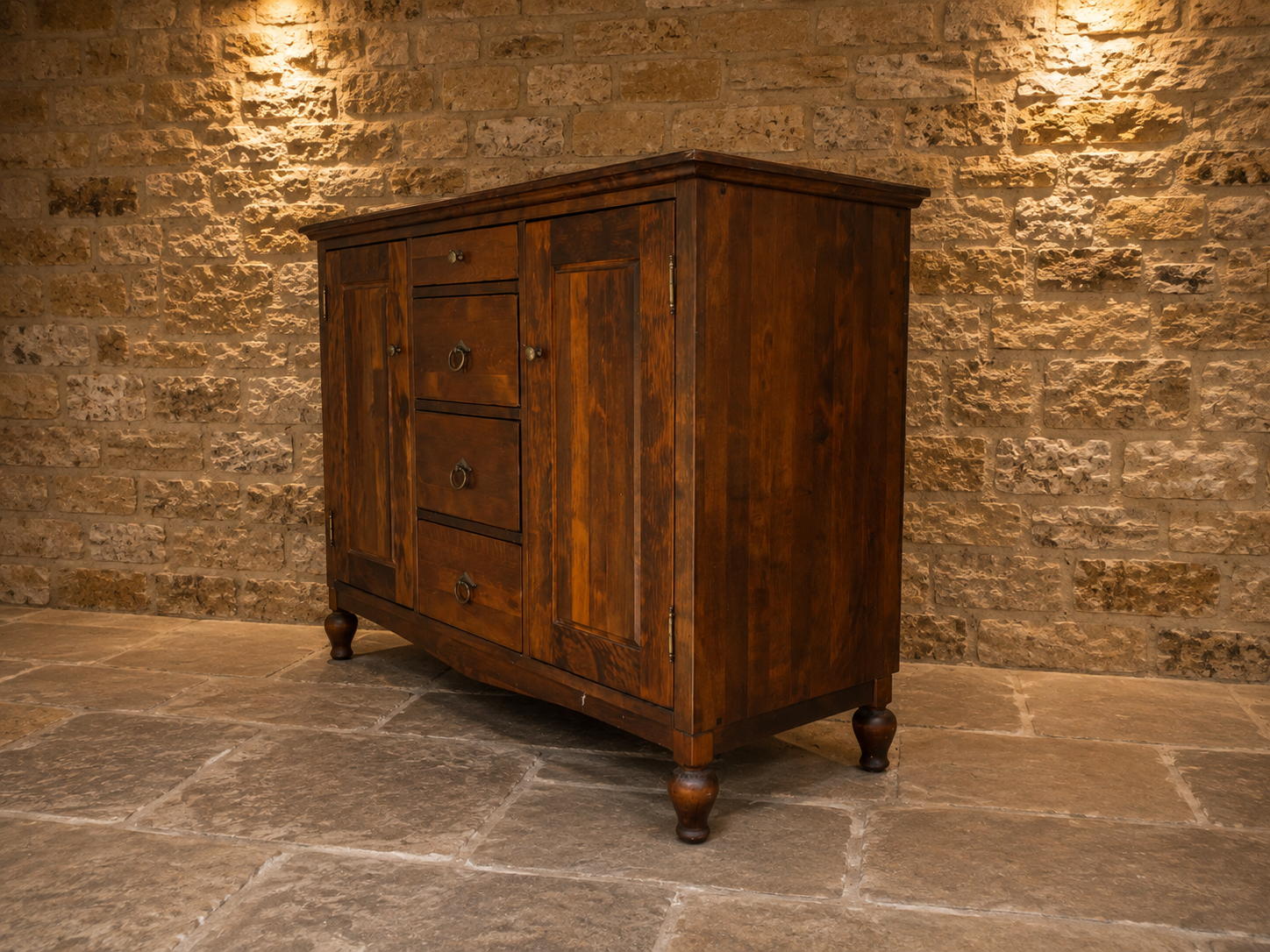Vintage Rustic Hardwood Sideboard – Four Drawers & Double Cupboard Storage