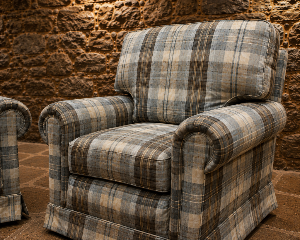 Pair of Vintage Country House Tartan Armchairs – Traditional Roll Arm Lounge Chairs