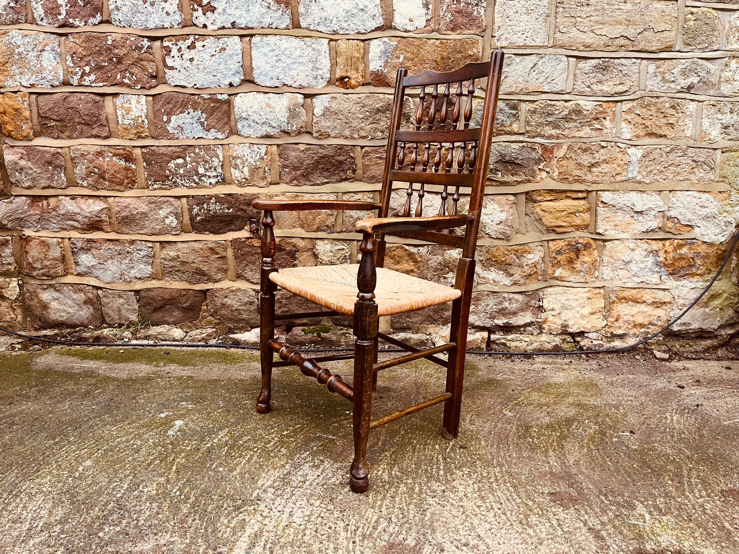 Antique Oak Ladder Back Armchair with Original Rush Seat