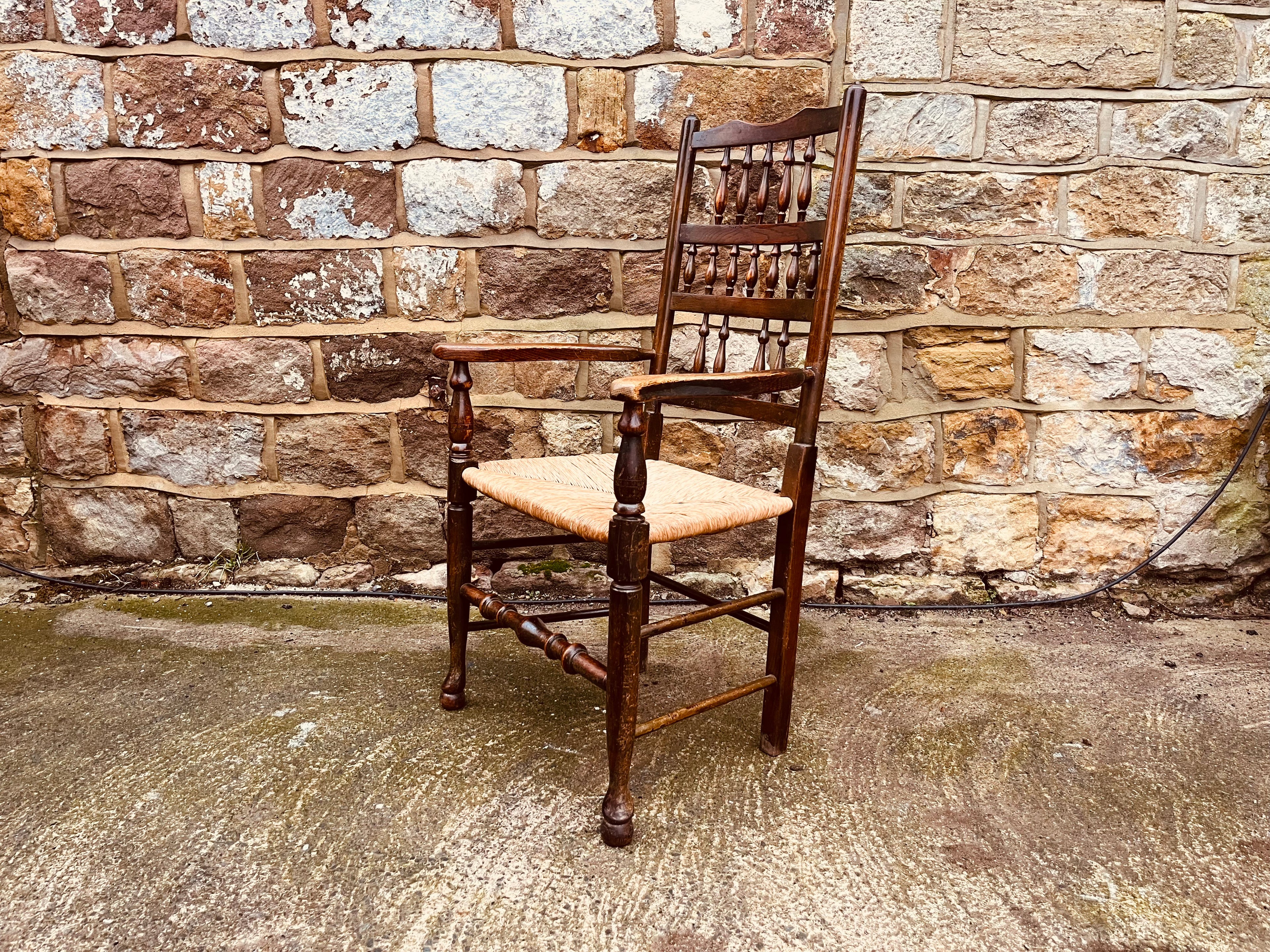 Antique Oak Ladder Back Armchair with Original Rush Seat