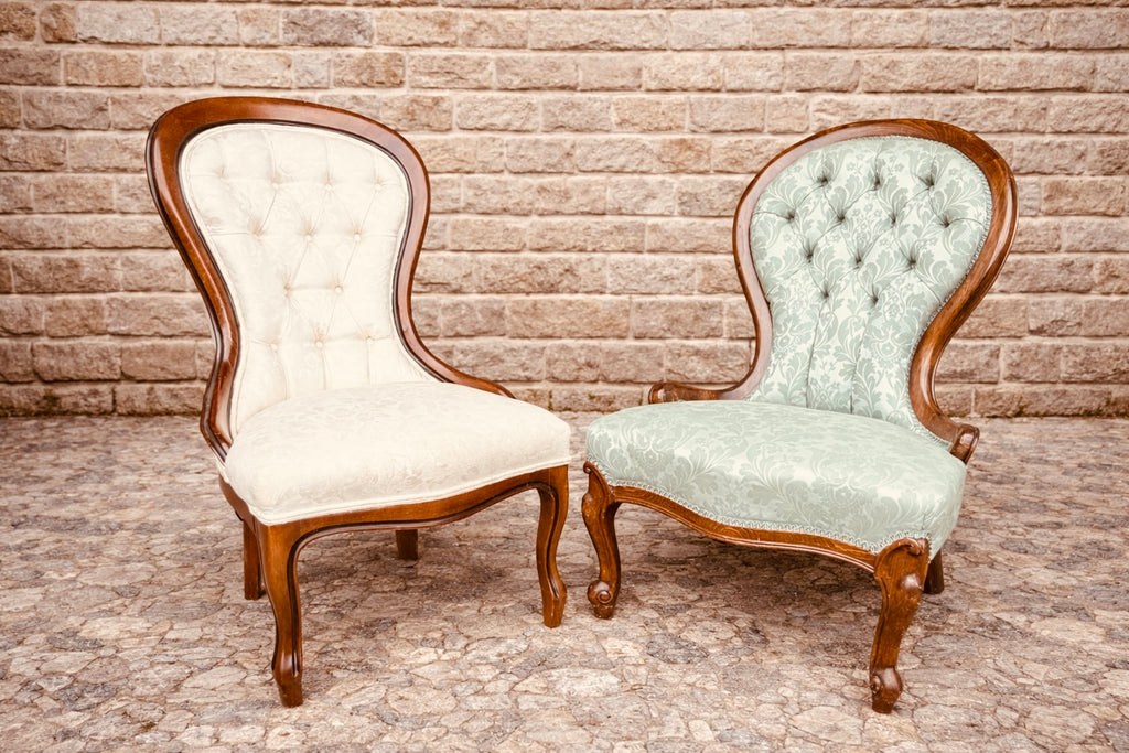 Pair of Vintage Balloon Back Chairs – Mid Century Victorian Style with Walnut Frames