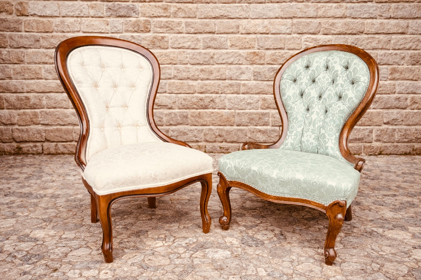 Pair of Vintage Balloon Back Chairs – Mid Century Victorian Style with Walnut Frames