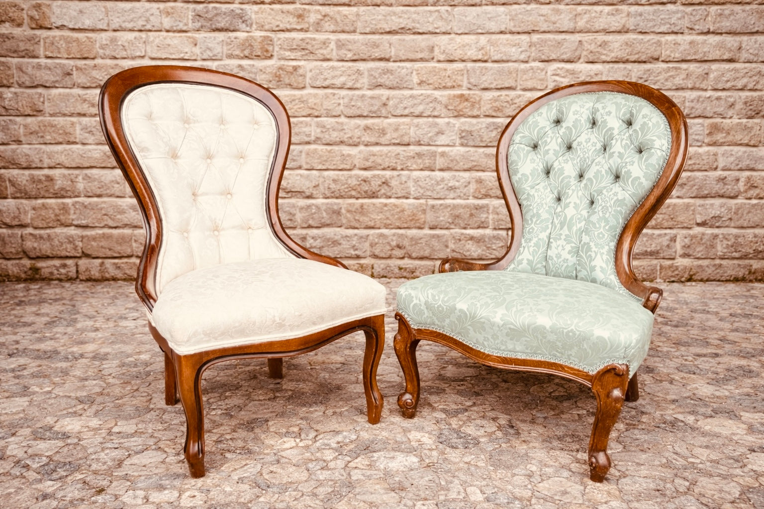 Pair of Vintage Balloon Back Chairs – Mid Century Victorian Style with Walnut Frames