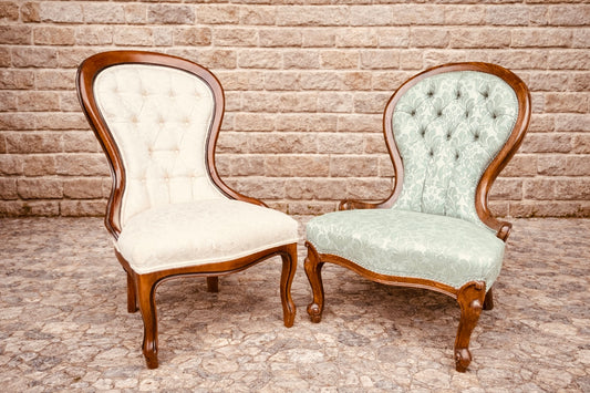 Pair of Vintage Balloon Back Chairs – Mid Century Victorian Style with Walnut Frames