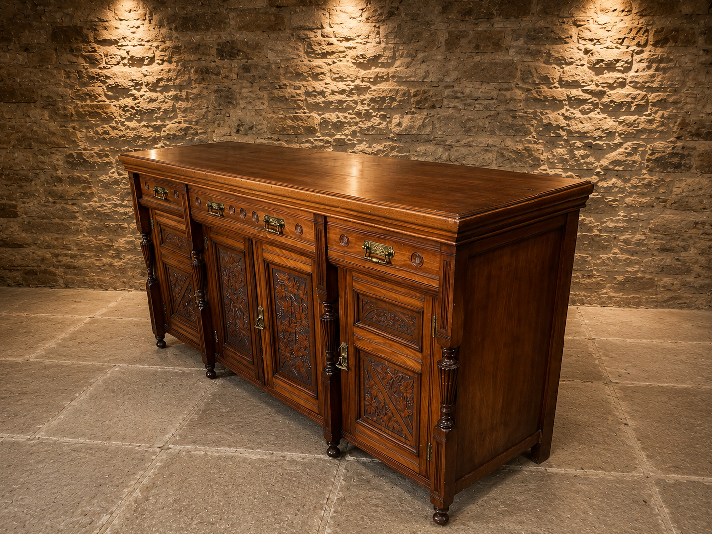Late Victorian Carved Walnut Sideboard | Antique English Walnut Buffet Cabinet | 19th Century Country House Sideboard | Victorian Storage Cabinet