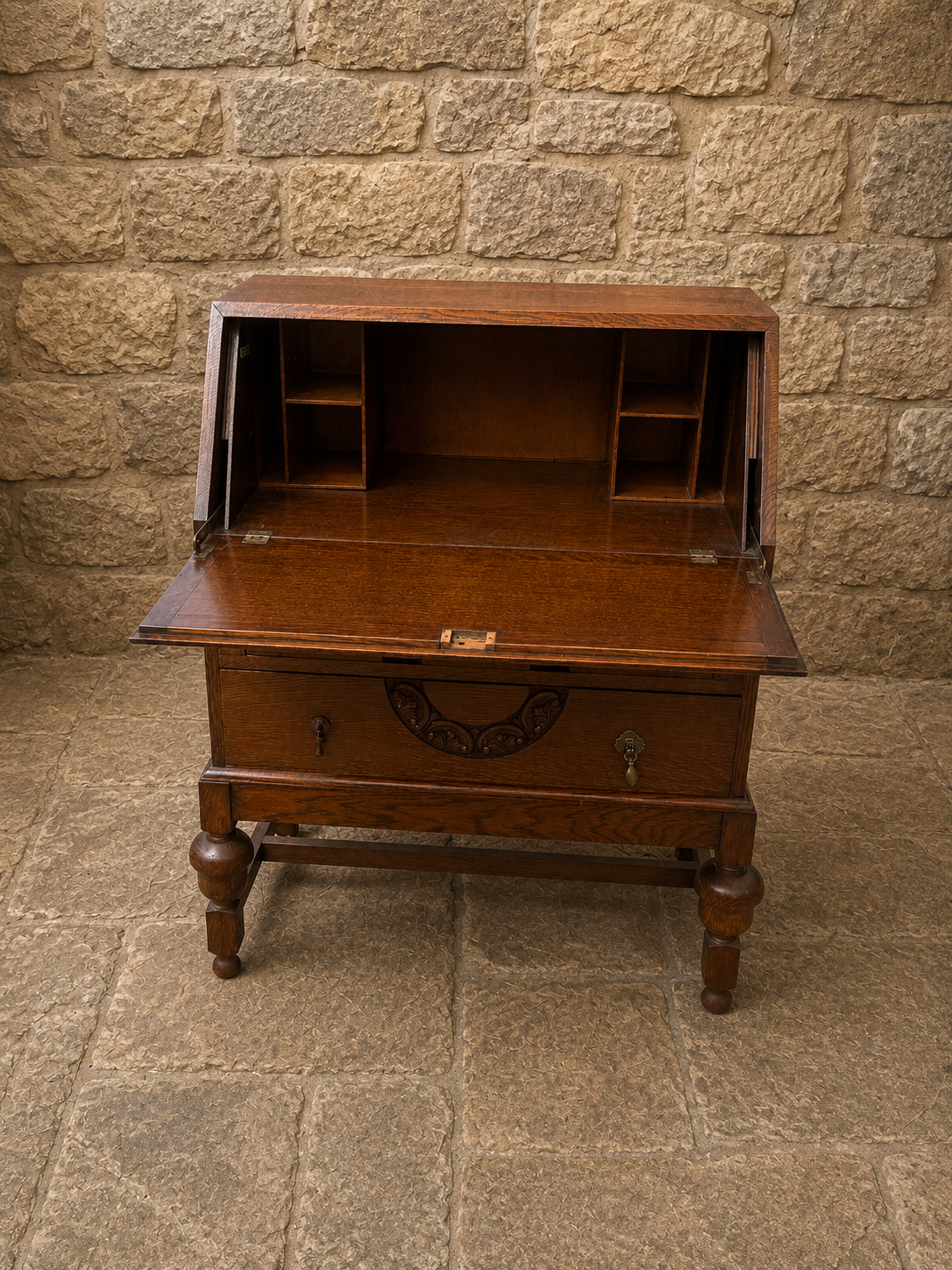 Antique Oak Arts & Crafts Bureau Desk c.1920–1935 | Jacobean Revival Fall Front Writing Desk