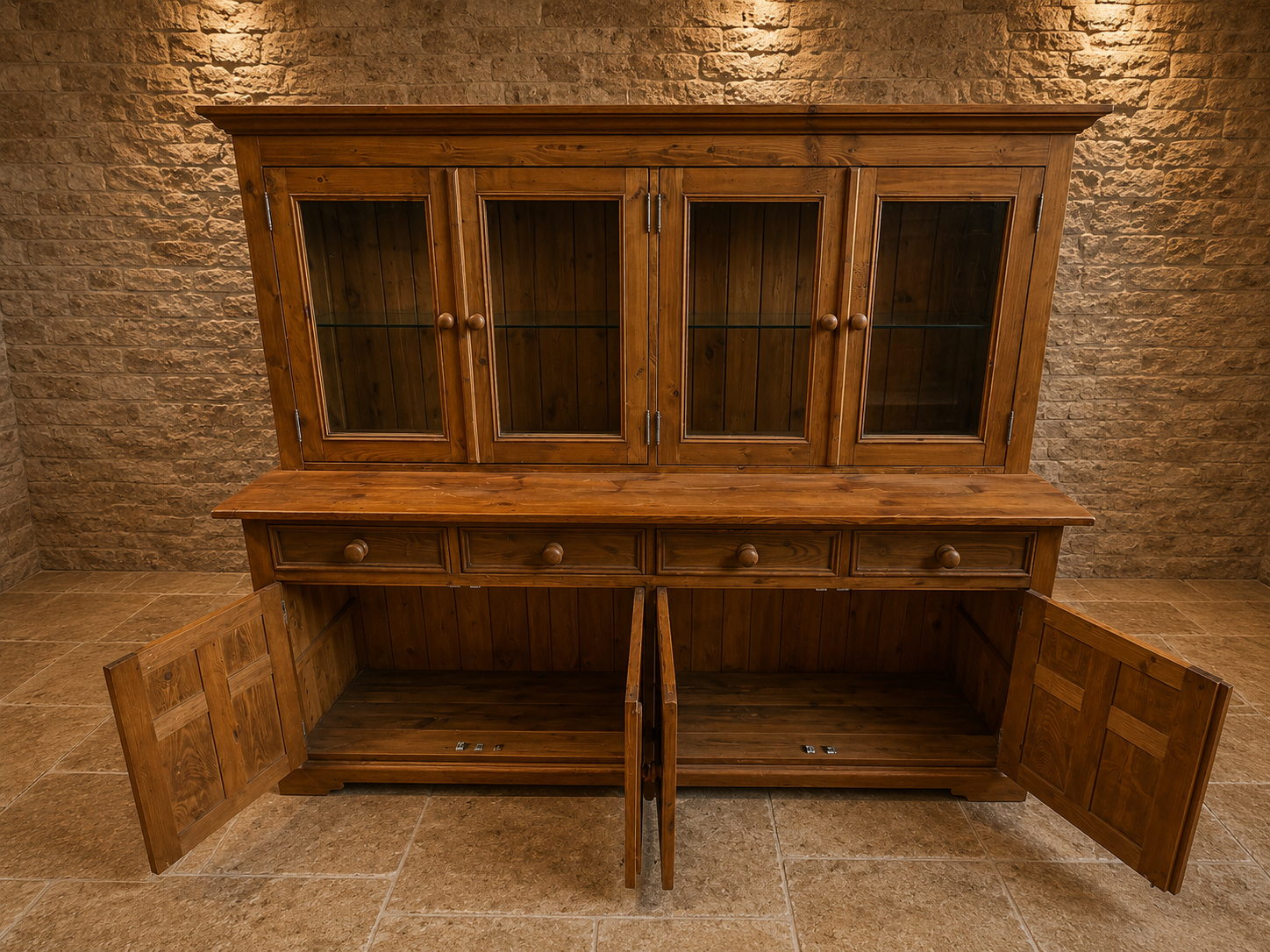 Large Solid Pine Farmhouse Dresser | Rustic Welsh Dresser | Glazed Display Cabinet