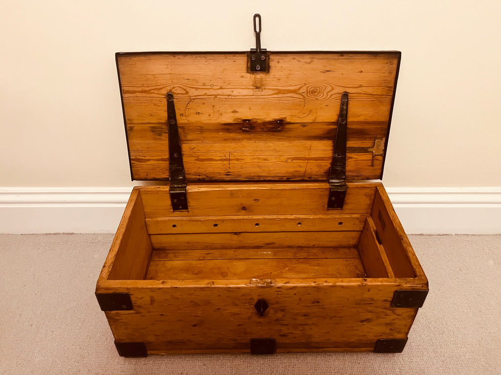 Pair of Vintage Wooden Storage Chests – Rustic Industrial Trunks with Iron Hardware and Dovetail Joints