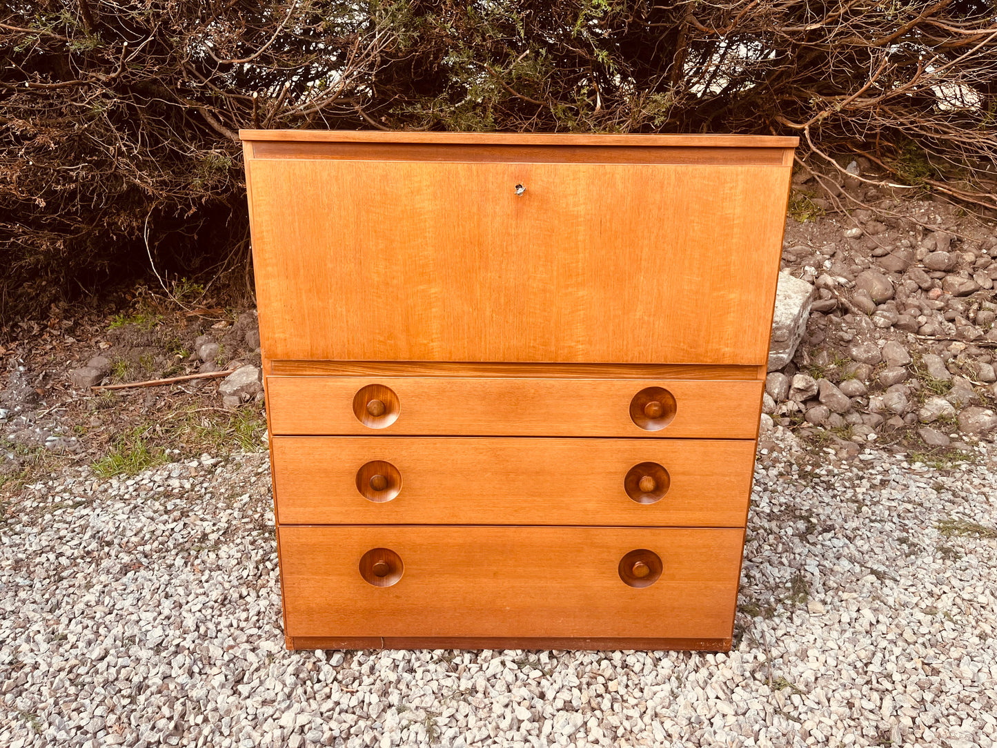 Mid Century Teak Bureau Writing Desk with Drop Front
