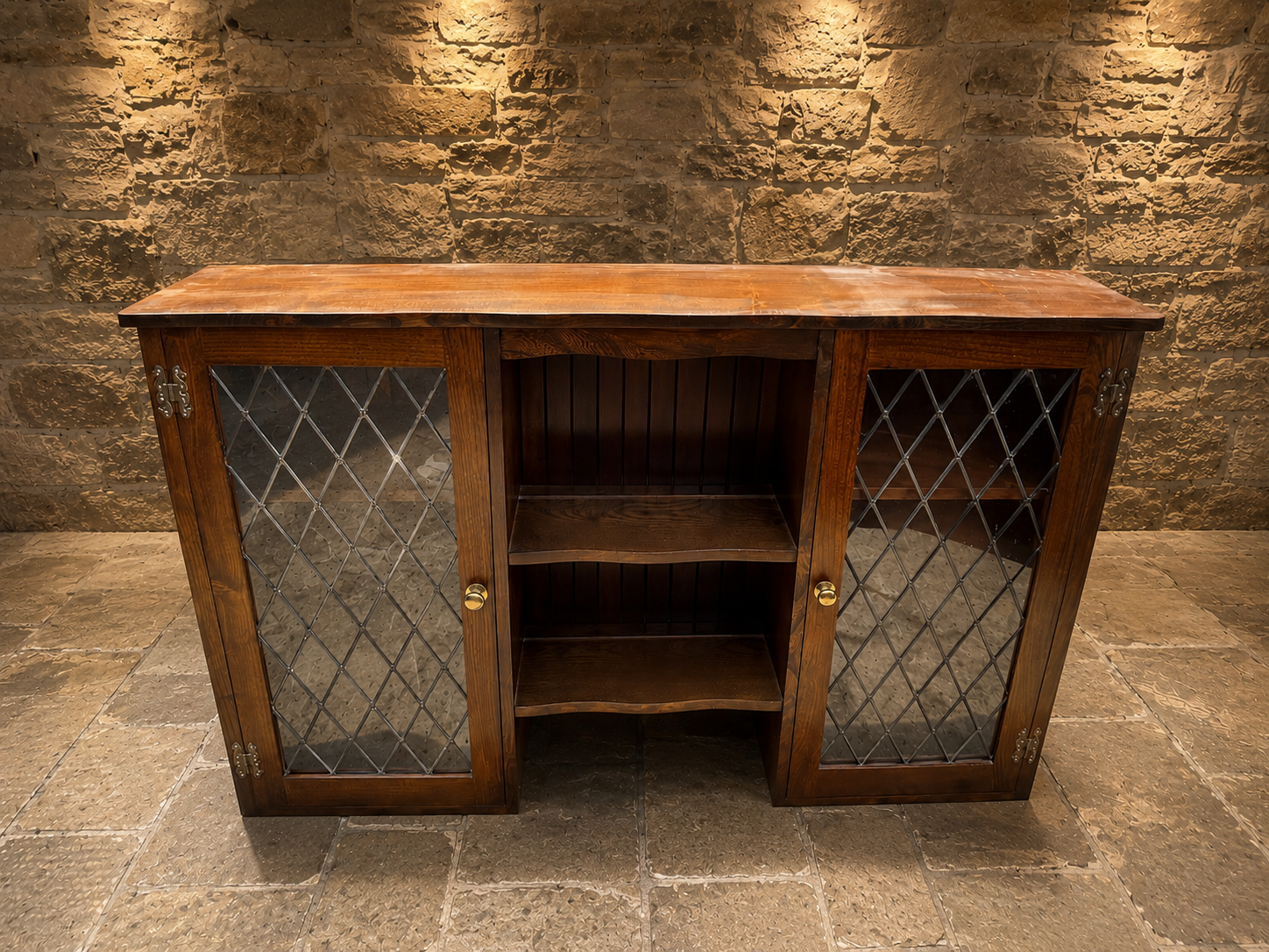 Jacobean Revival Oak Leaded Glass Sideboard | English Oak Drinks Cabinet | Country Farmhouse Display Cabinet