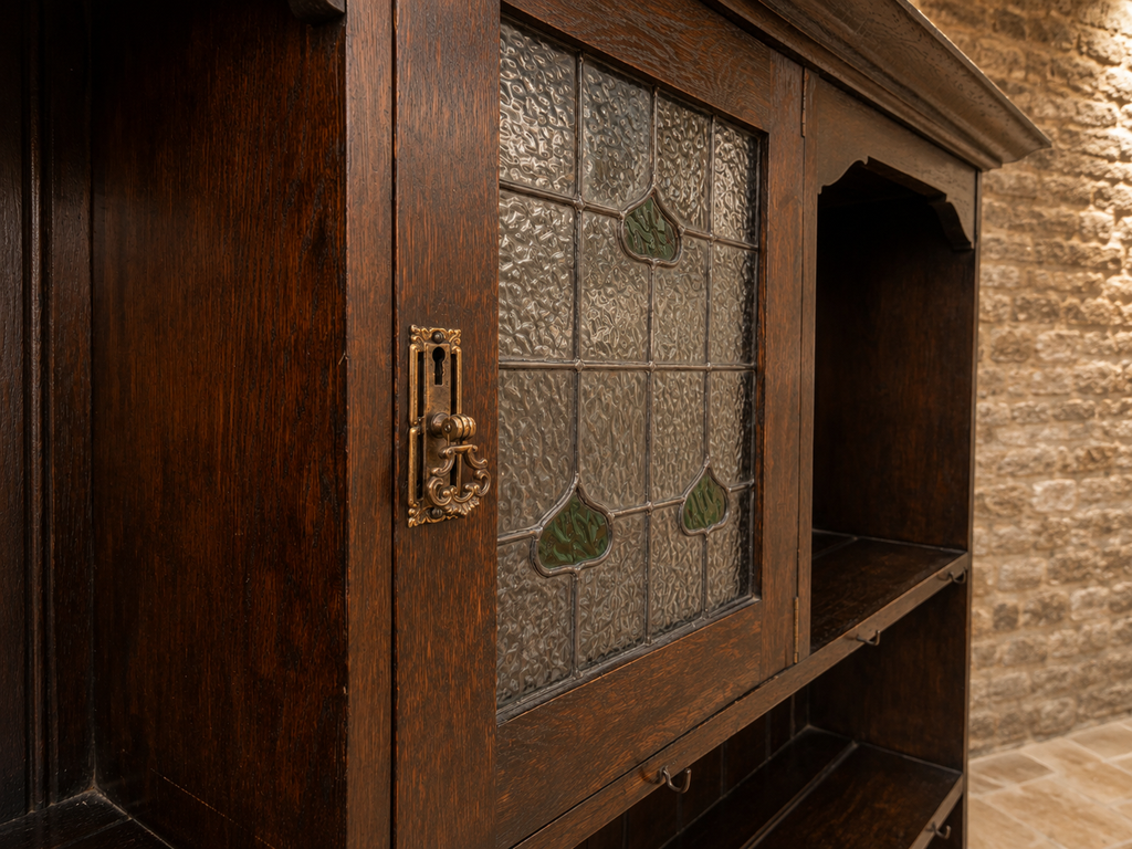 Antique Arts & Crafts Oak Dresser with Stained Glass Display Cabinet