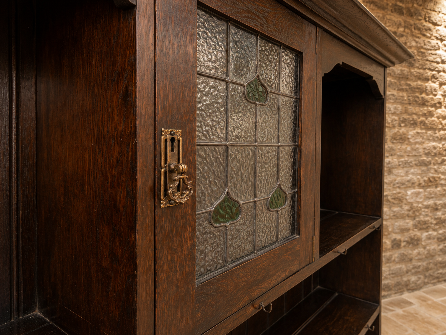 Antique Arts & Crafts Oak Dresser with Stained Glass Display Cabinet