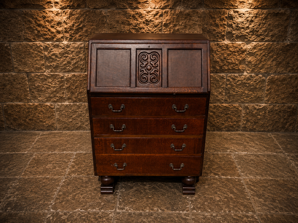 Antique Oak Bureau | Arts & Crafts Writing Desk | Jacobean Revival Fall Front Bureau | Vintage Secretary Desk