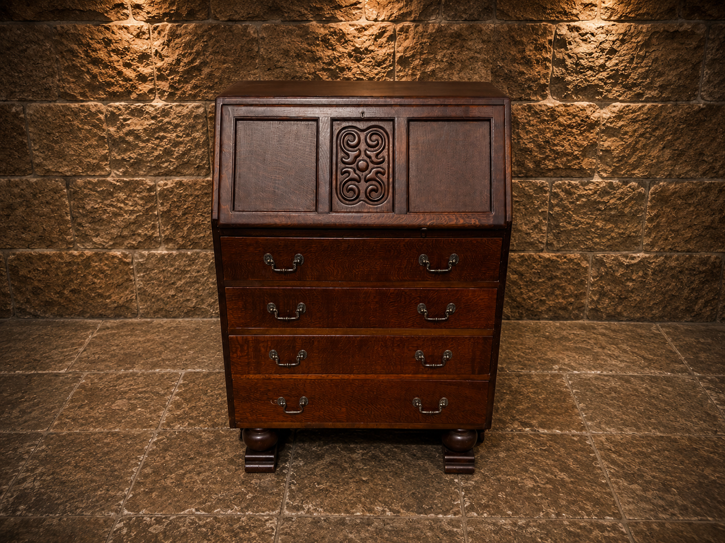 Antique Oak Bureau | Arts & Crafts Writing Desk | Jacobean Revival Fall Front Bureau | Vintage Secretary Desk