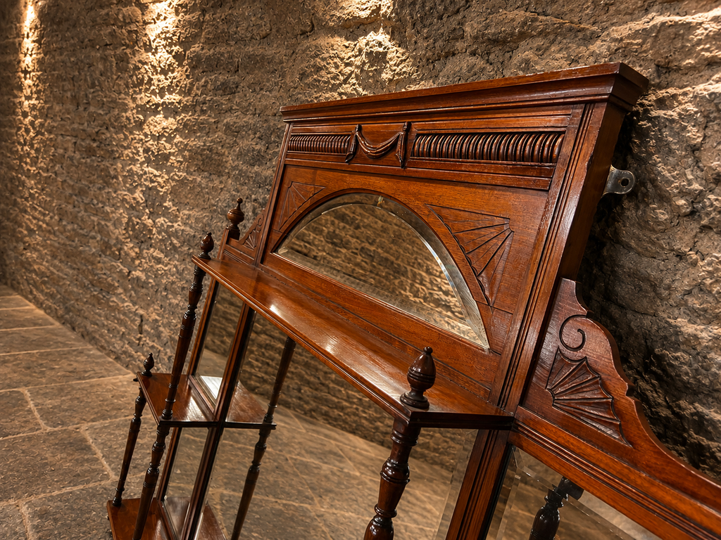 Victorian Oak Overmantel Mirror | Antique Bevelled Wall Mirror with Display Shelves | English Circa 1890–1910