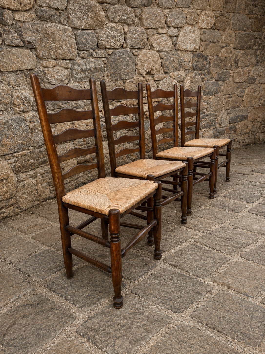Set of 4 French Country Oak Ladder Back Dining Chairs
