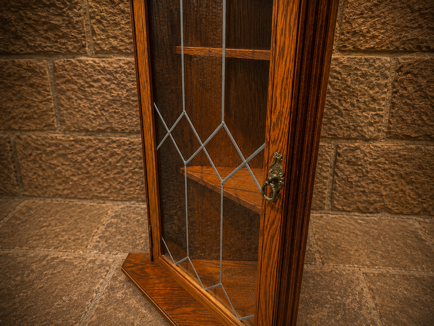 Antique Oak Leaded Glass Corner Display Cabinet | Arts & Crafts Oak Cabinet | Jacobean Revival Corner Cupboard