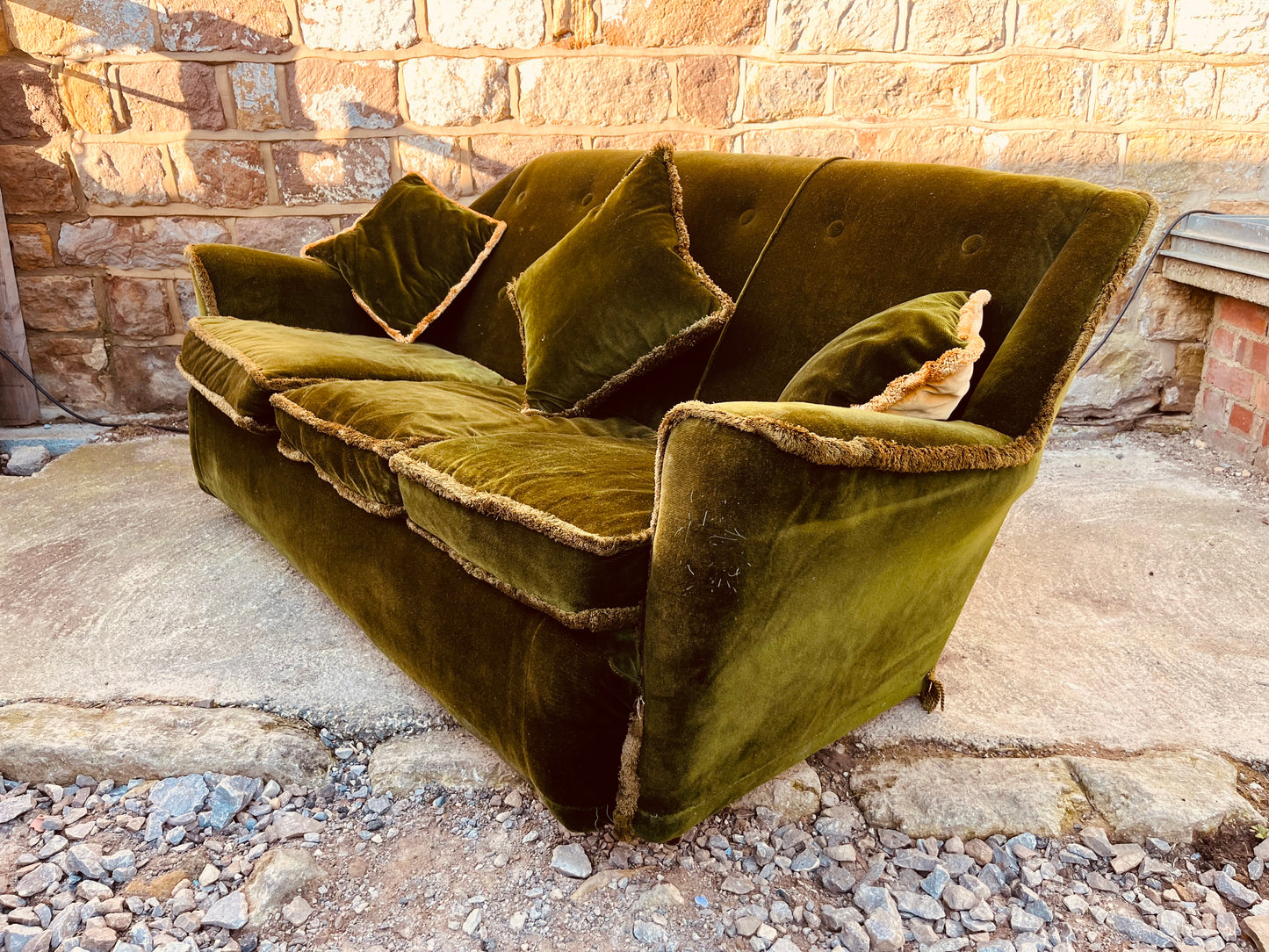 Vintage Olive Green Velvet Sofa – 1970s Three Seater Country House Style