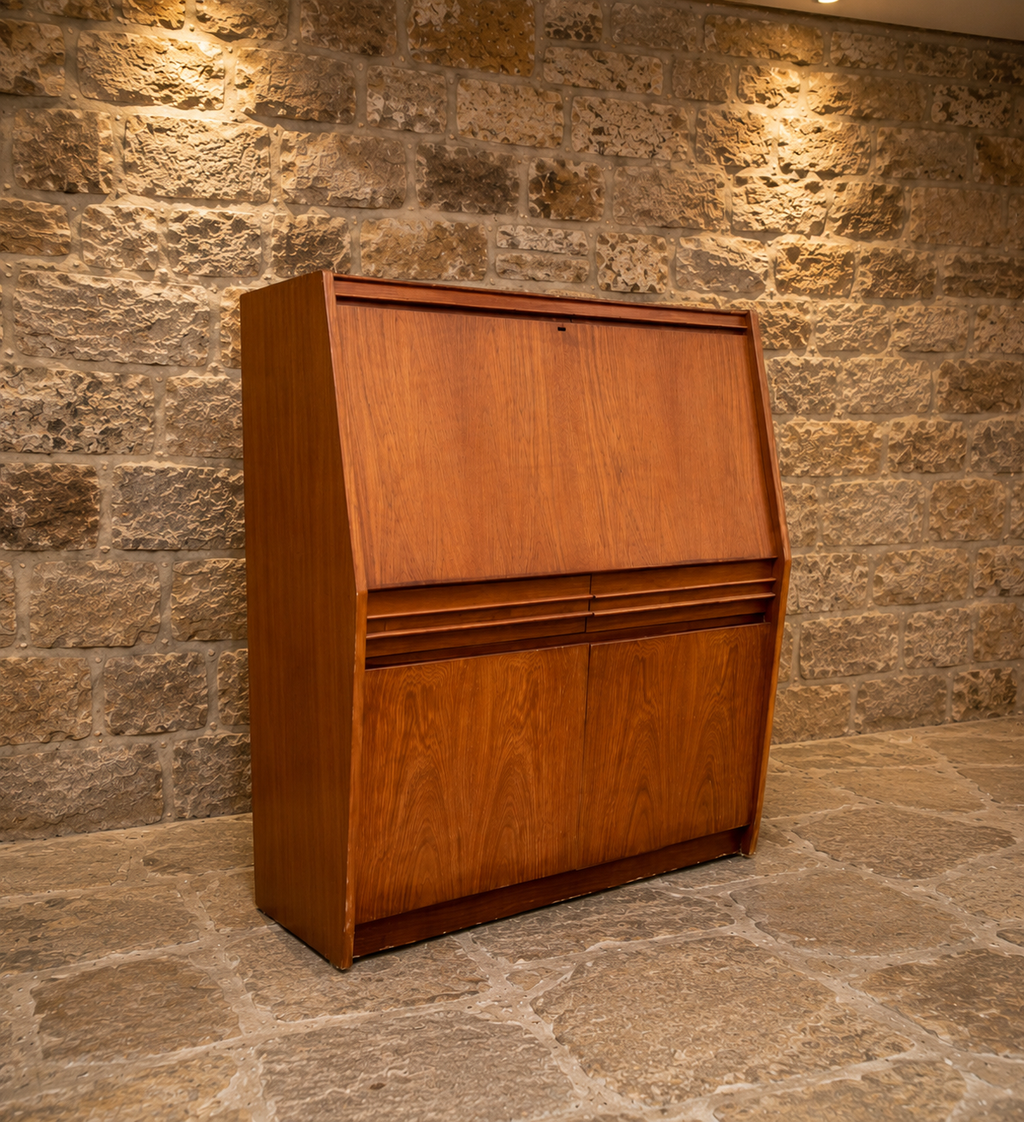 Mid-Century Modern Teak Bureau Desk | Danish Style Drop Front Writing Bureau | Vintage Secretary Desk & Cocktail Cabinet