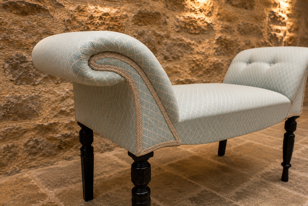 Antique Edwardian Upholstered Window Seat | Victorian Scroll End Bedroom Bench | Hall Bench | Ottoman Seat | Circa 1895–1915