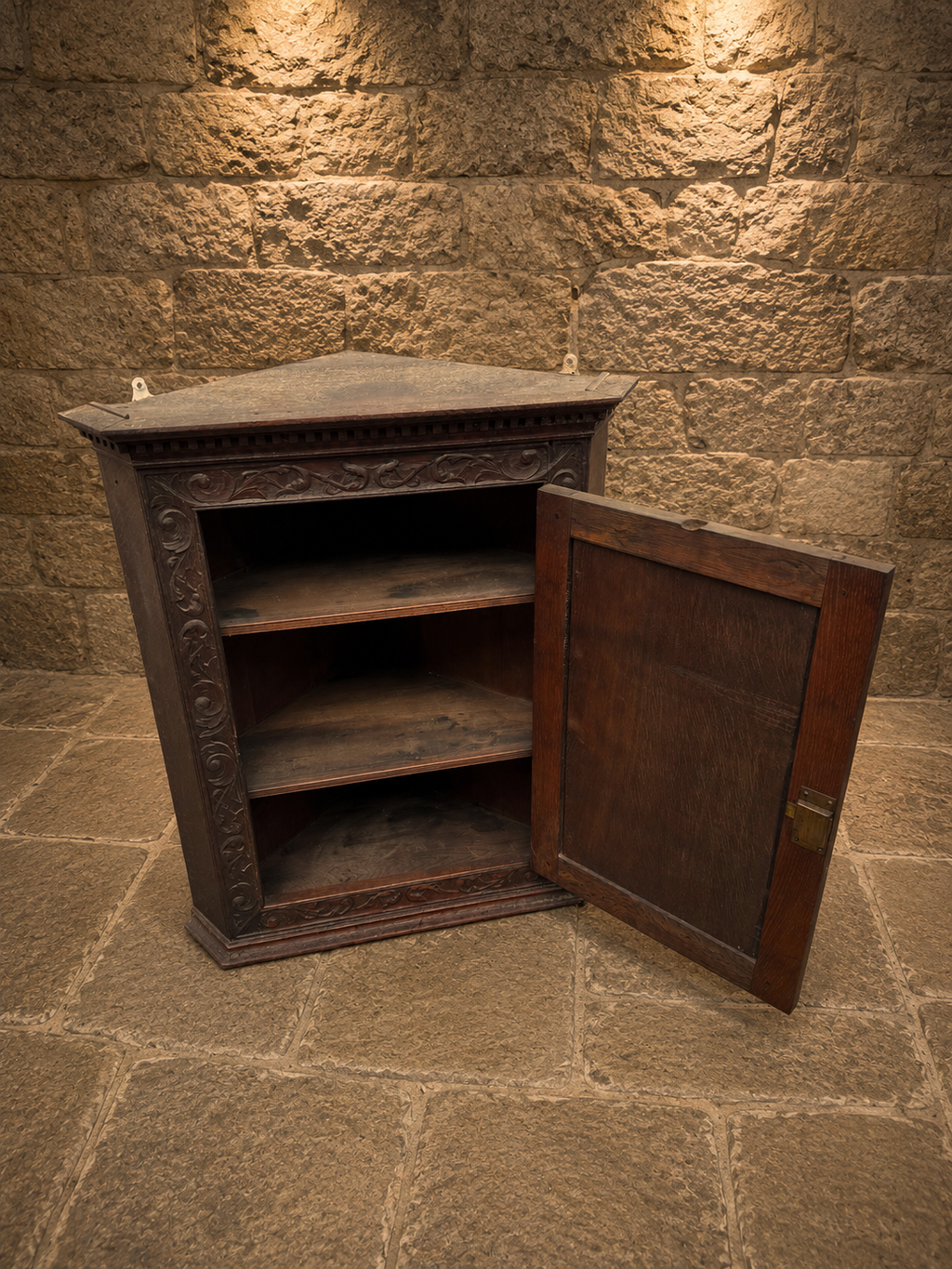 Antique Victorian Carved Solid Oak Corner Cupboard | Gothic Revival Cabinet | Circa 1890