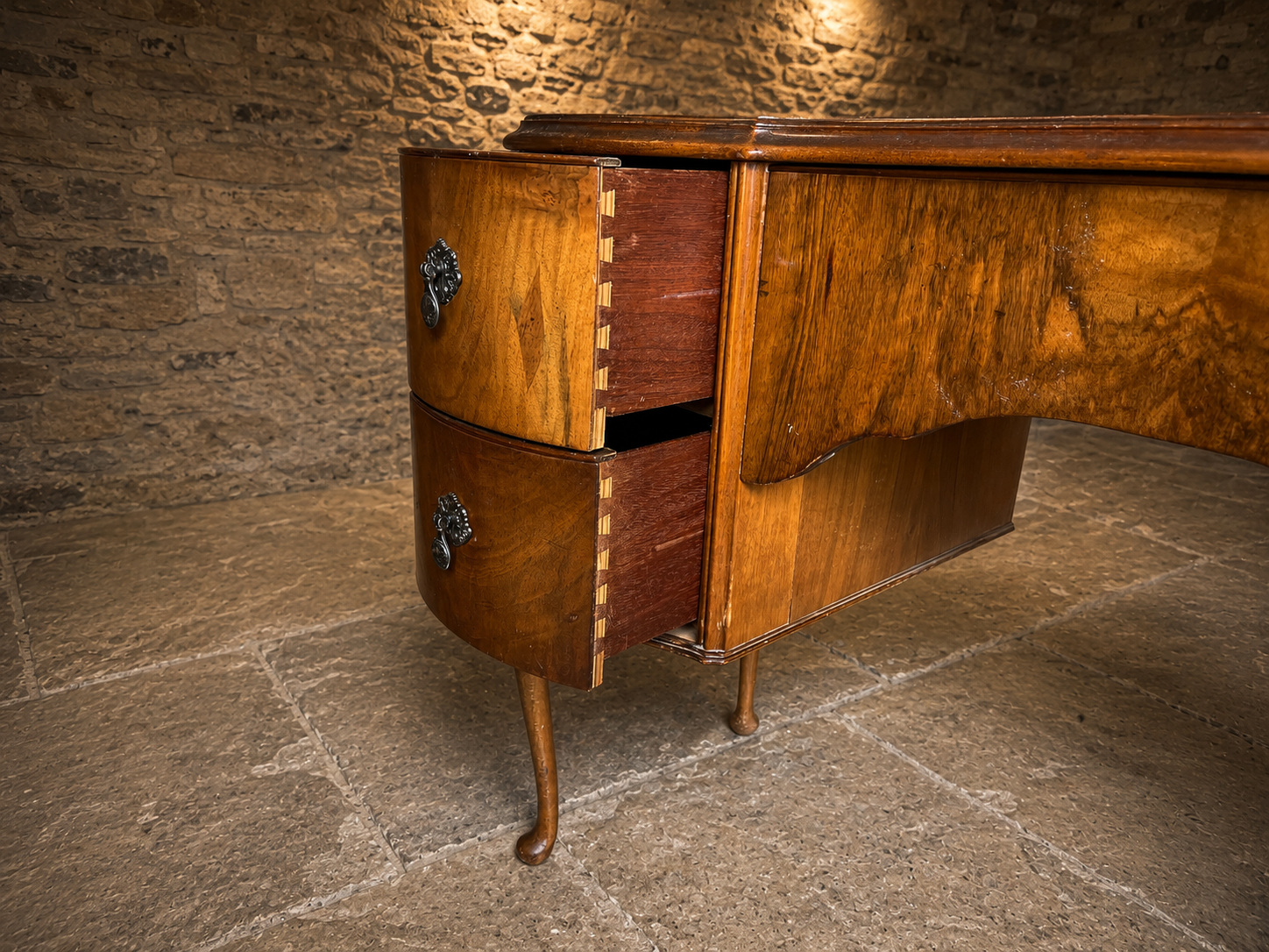 Antique Queen Anne Revival Walnut Kneehole Desk | 1930s Walnut Writing Desk | Vintage Dressing Table