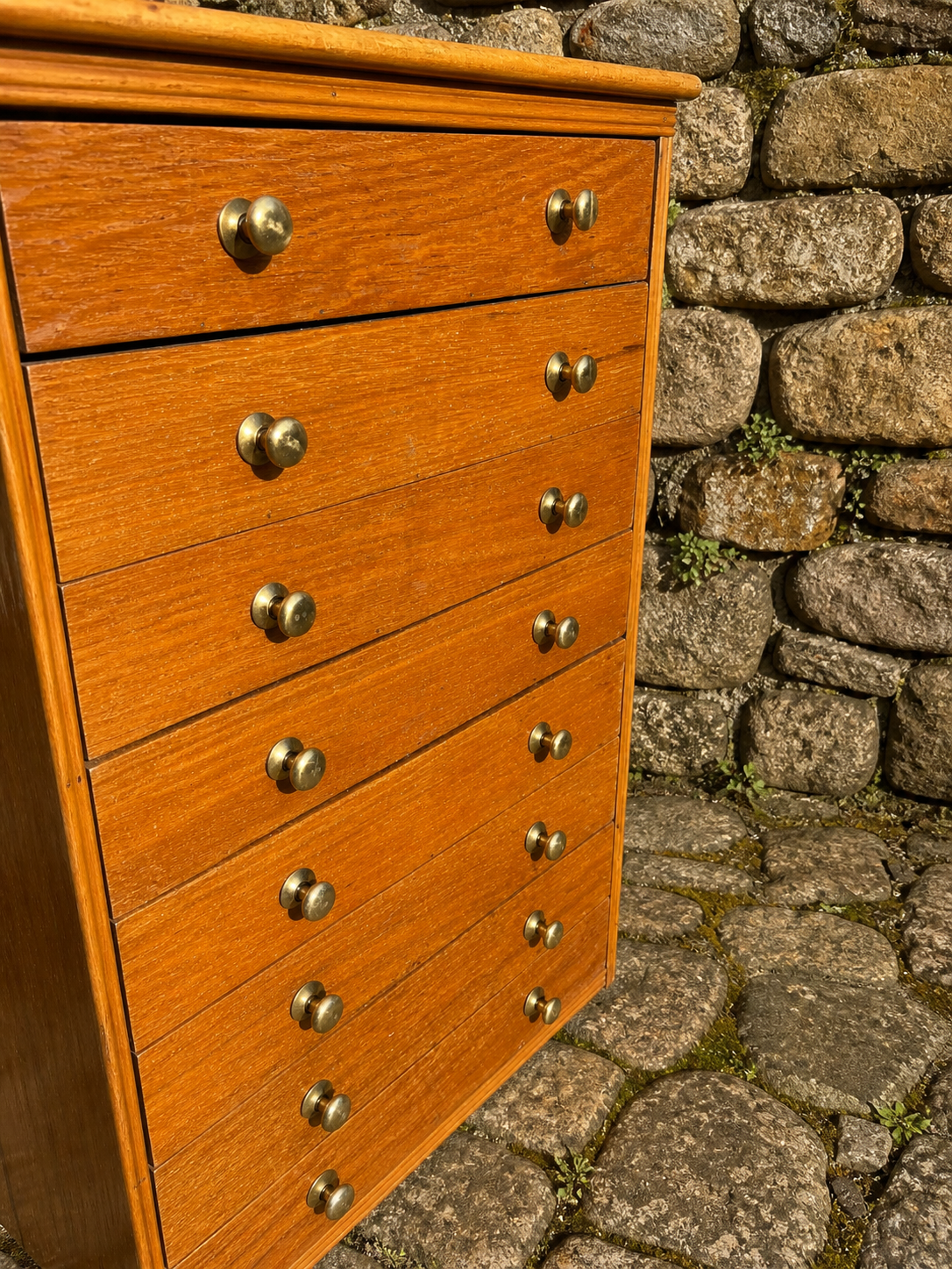 Mid Century Oak Chest of Drawers – 7 Drawer Tallboy with Brass Handles, 1960s