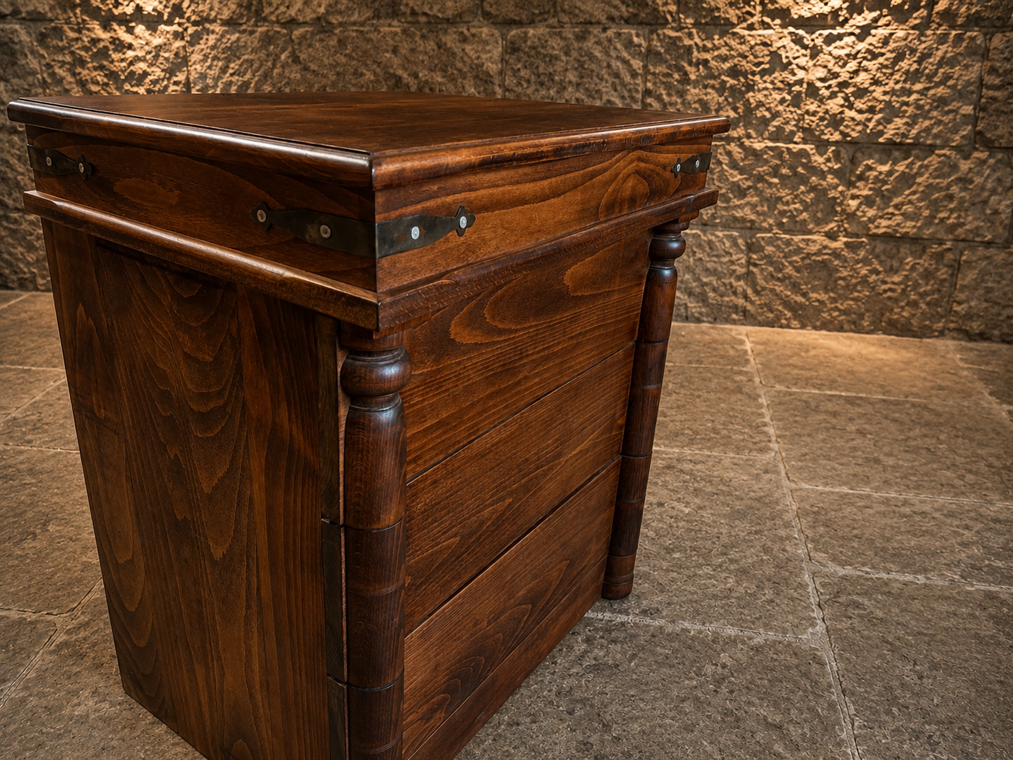 Campaign Style Chest of Drawers in Dark Wood with Brass Strap Detail