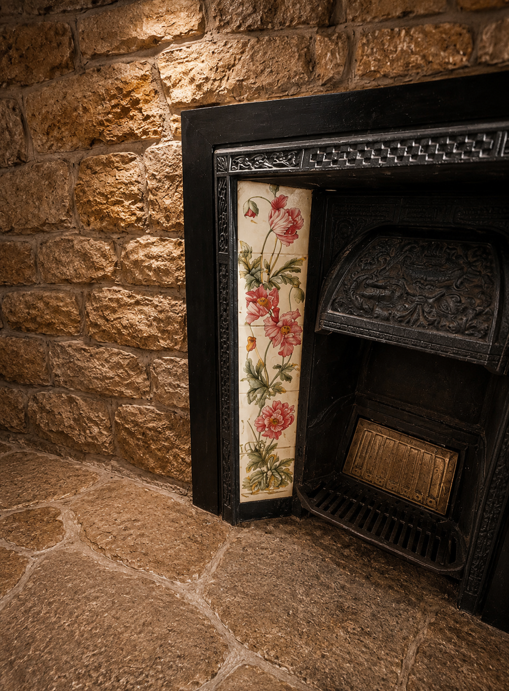 Antique Victorian Cast Iron Fireplace Insert with Original Art Nouveau Floral Tiles | Edwardian Fireplace | Circa 1900