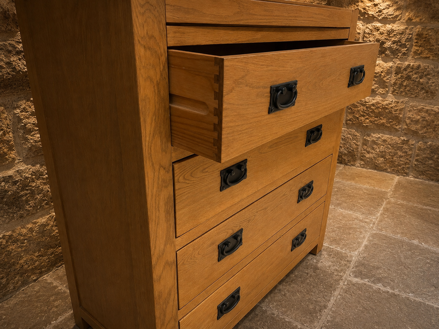 Solid Oak Tallboy Chest of Drawers – Five Drawer Arts & Crafts Style
