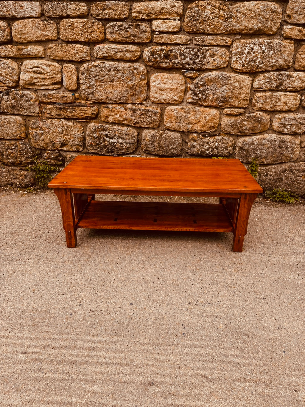 Arts & Crafts Oak Coffee Table – Mission Style with Slatted Sides & Lower Shelf
