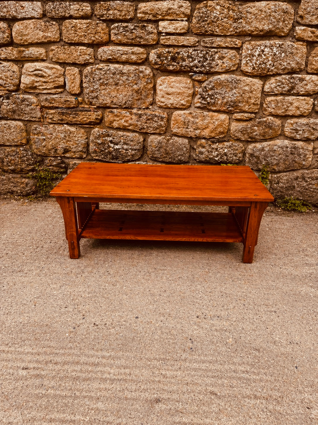 Arts & Crafts Oak Coffee Table – Mission Style with Slatted Sides & Lower Shelf