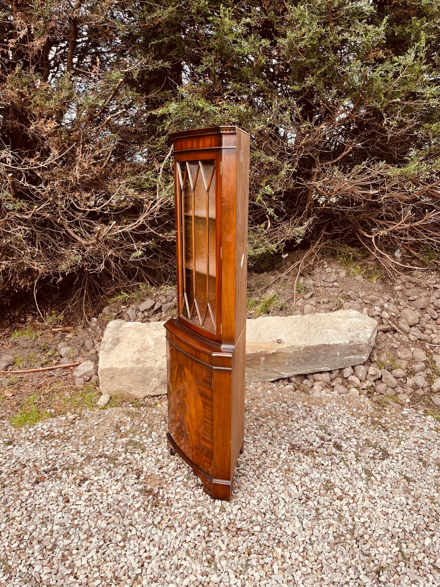 Antique Edwardian Mahogany Corner Display Cabinet with Leaded Glass