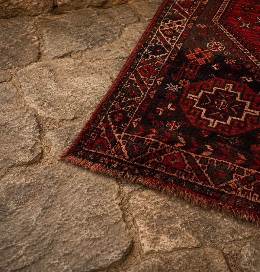 Vintage Hand-Knotted Afghan Tribal Rug | Red Geometric Wool Area Rug | Persian Style Carpet c.1960–1980