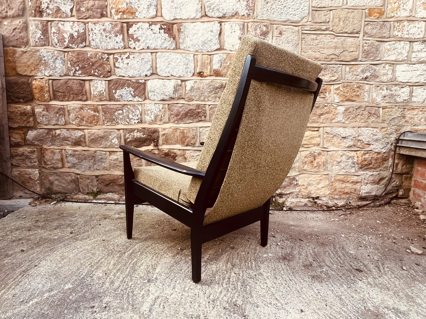 Mid-Century Modern Armchair – Textured Tweed & Black Wooden Frame