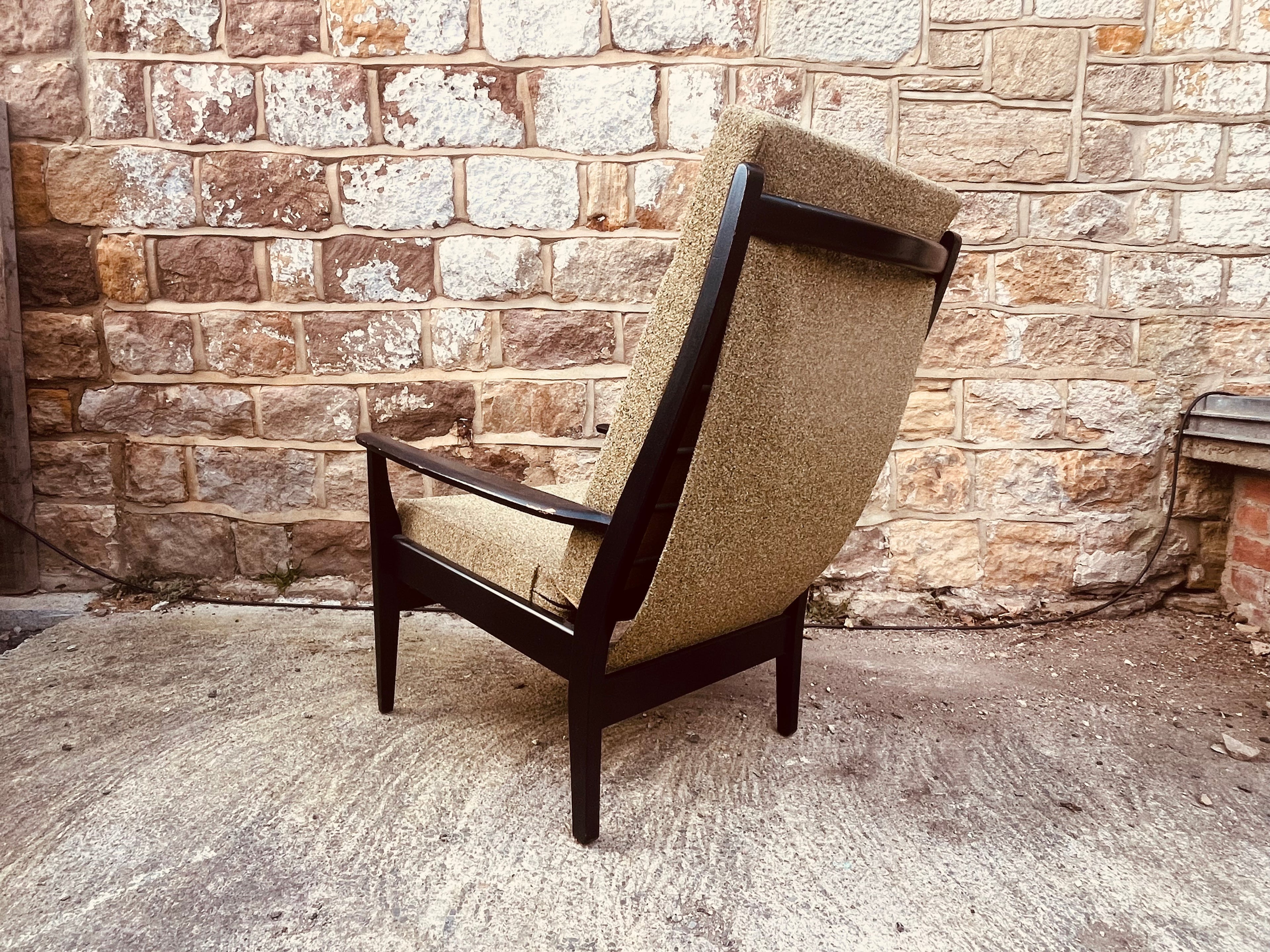 Mid-Century Modern Armchair – Textured Tweed & Black Wooden Frame