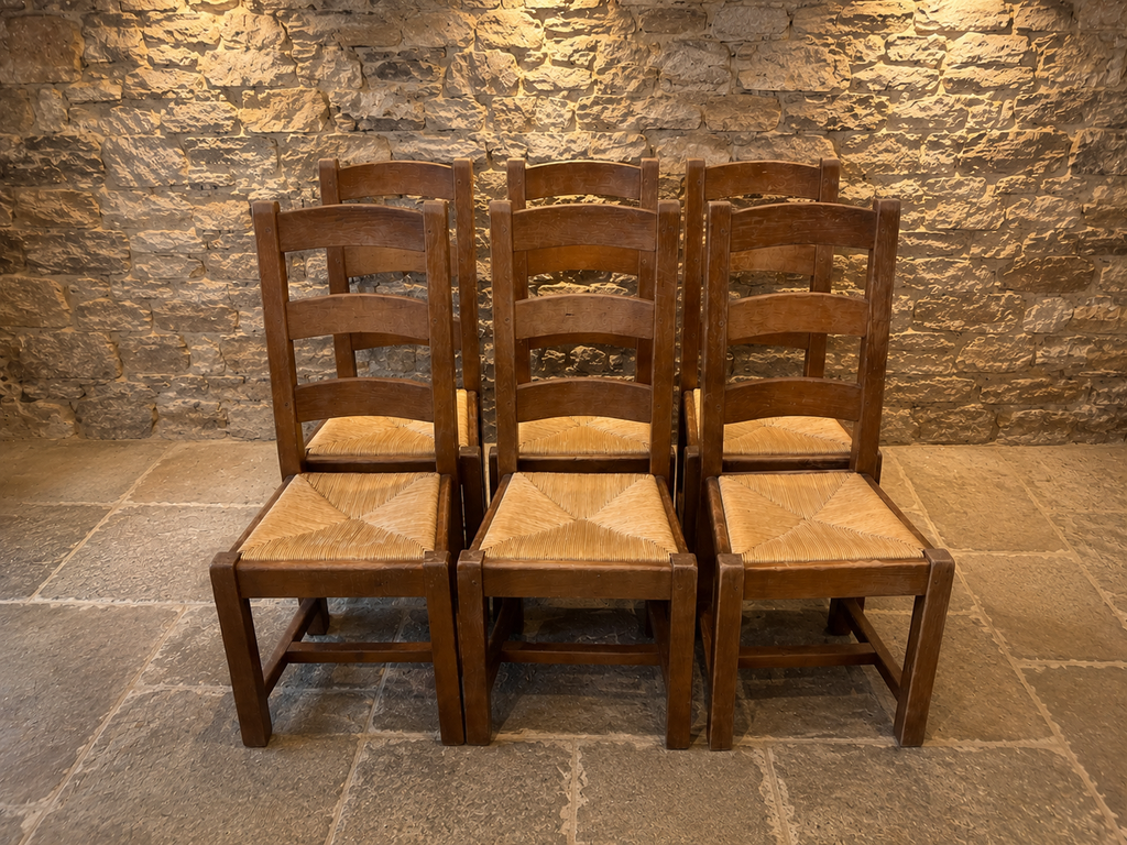 Set of 6 Vintage Rustic Ladder Back Dining Chairs with Woven Rush Seats