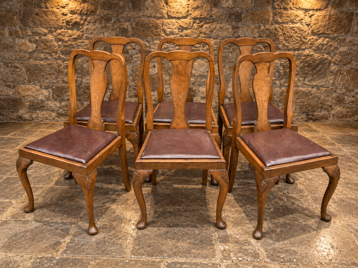 Set of Six Antique Queen Anne Style Walnut Dining Chairs – c.1930