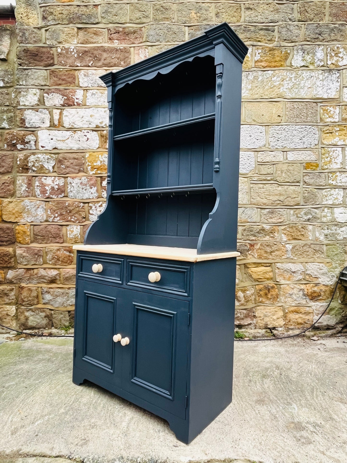 Mid-20th Century Welsh Dresser | Hand-Painted Navy Blue Farmhouse Cupboard with Solid Wood Top