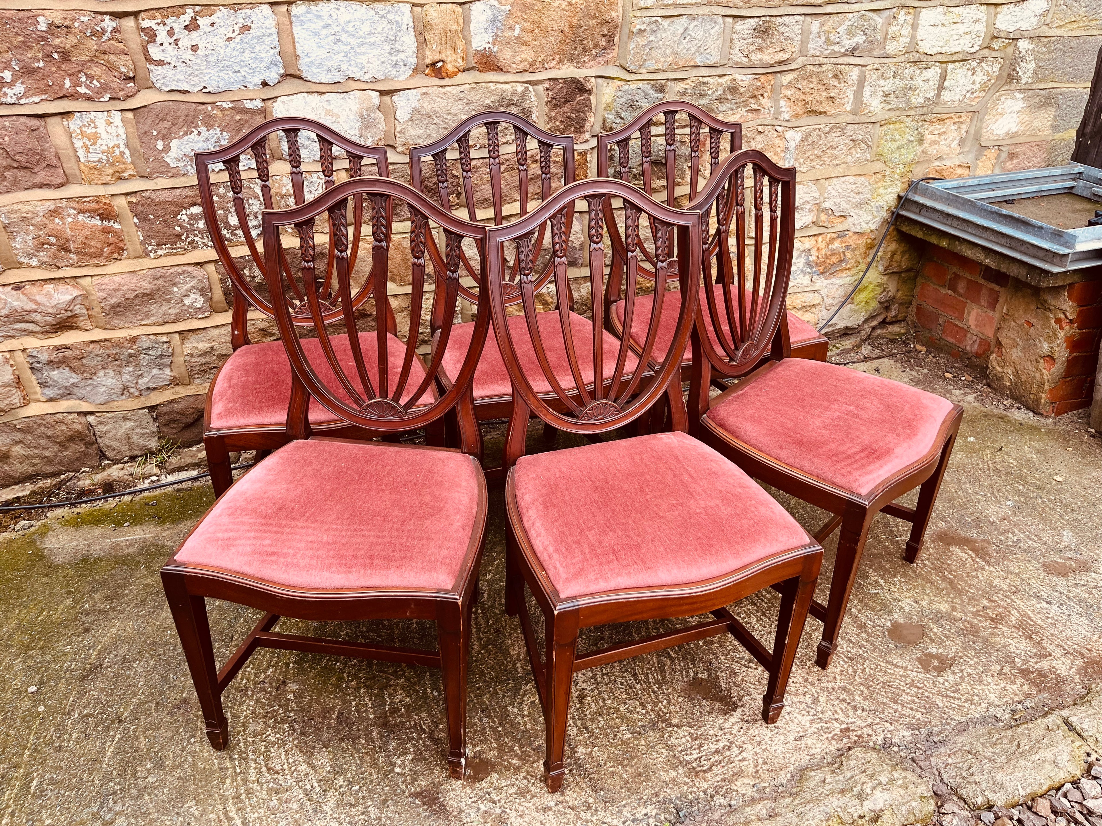 Set of Six Georgian Style Mahogany Shield Back Dining Chairs – Vintage Hepplewhite Style