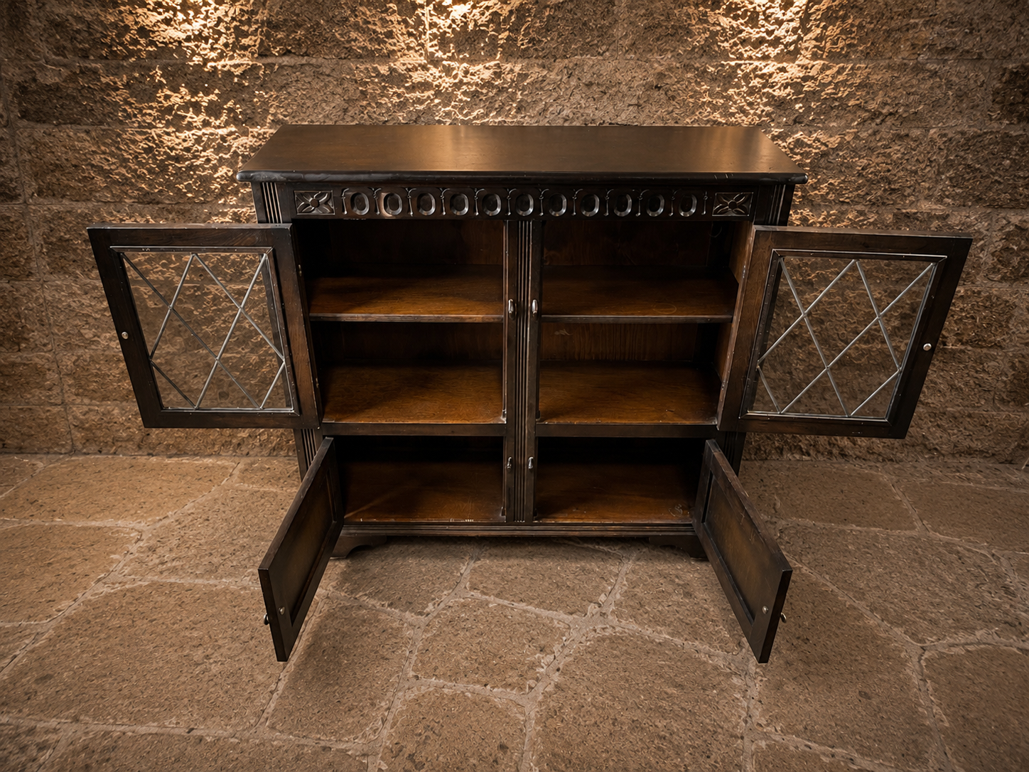 Vintage Jacobean Revival Oak Leaded Glass Sideboard | English Court Cupboard | Antique Display Cabinet | Drinks Cabinet