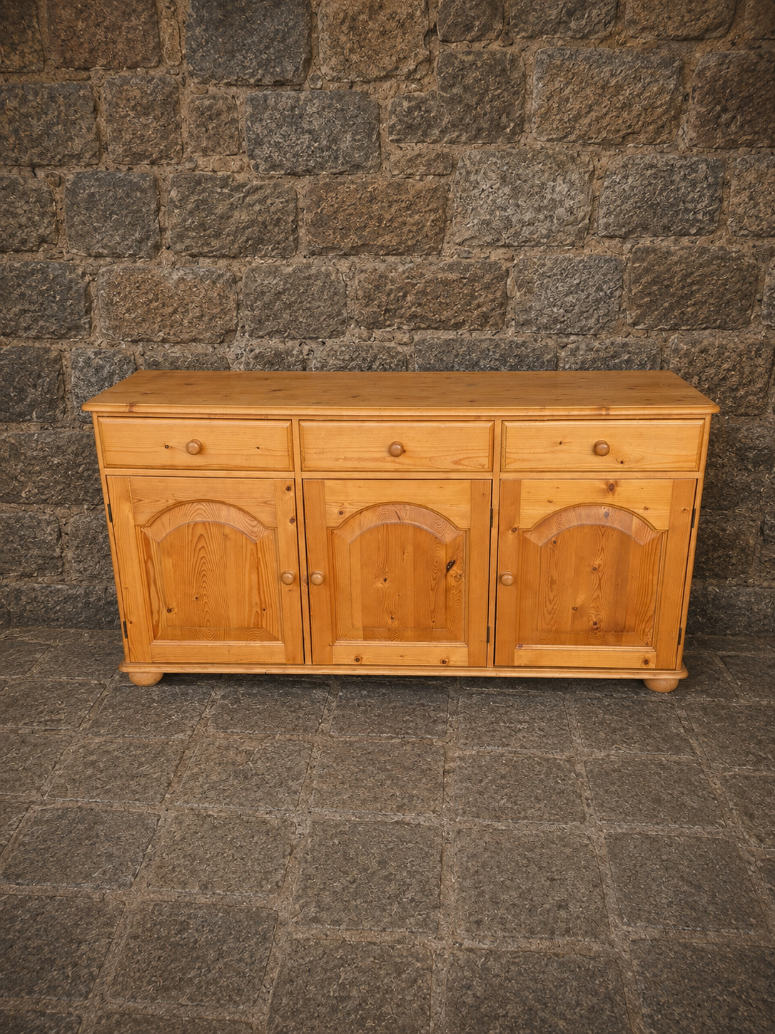 Vintage Rustic Pine Sideboard with Three Drawers & Cupboard Storage